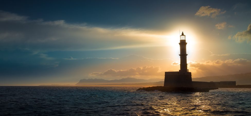 Lighthouse on sunset. Chania, Crete, Greece.