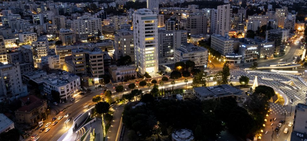 Drone aerial view Nicosia city skyline at sunset Cyprus island. High quality photo